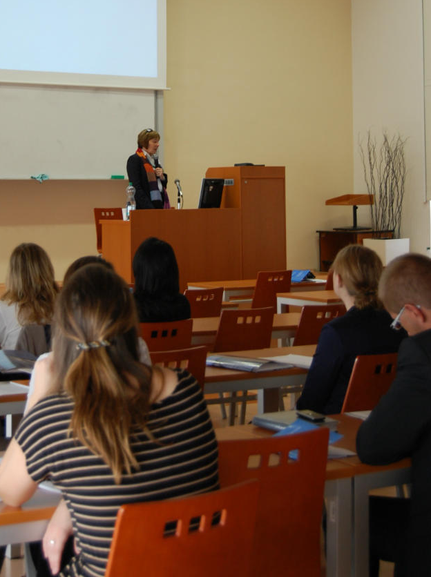 A photo from a plenary with Anna Mauranen from a previous conference